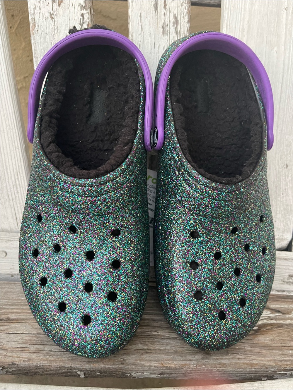 Crocs Kids Classic Lined Glitter Clogs Starry Skies J5 Black Fleece Shoes Purple